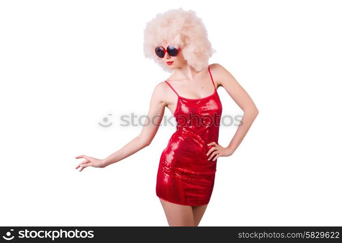 Woman in red dress isolated on white