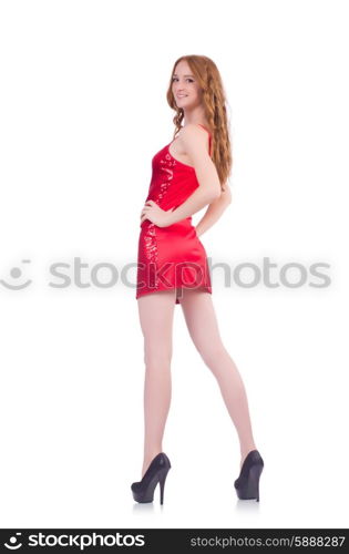 Woman in red dress isolated on white