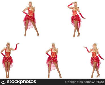 Woman in red dress isolated on white