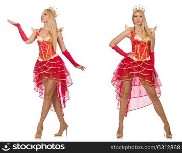 Woman in red dress isolated on white