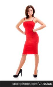 Woman in red dress. Isolated over white.