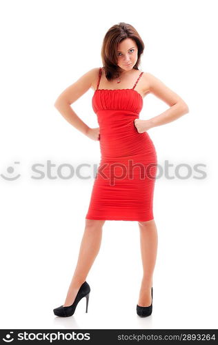 Woman in red dress. Isolated over white.