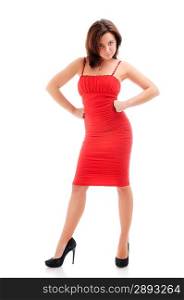 Woman in red dress. Isolated over white.
