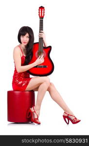 Woman in red dress playing guitar isolated on the white