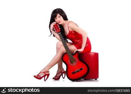 Woman in red dress playing guitar isolated on the white