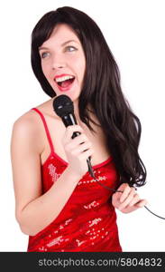 Woman in red dress singing songs