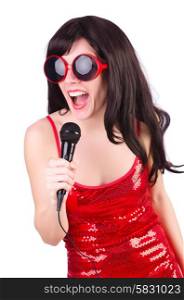 Woman in red dress singing songs