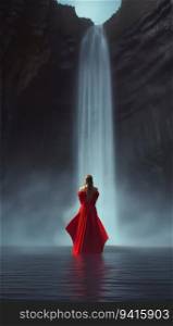 Woman in Red Dress Standing in Front of a Majestic Waterfall. Generative ai. High quality illustration. Woman in Red Dress Standing in Front of a Majestic Waterfall. Generative ai