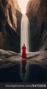 Woman in Red Dress Standing in Front of a Majestic Waterfall. Generative ai. High quality illustration. Woman in Red Dress Standing in Front of a Majestic Waterfall. Generative ai