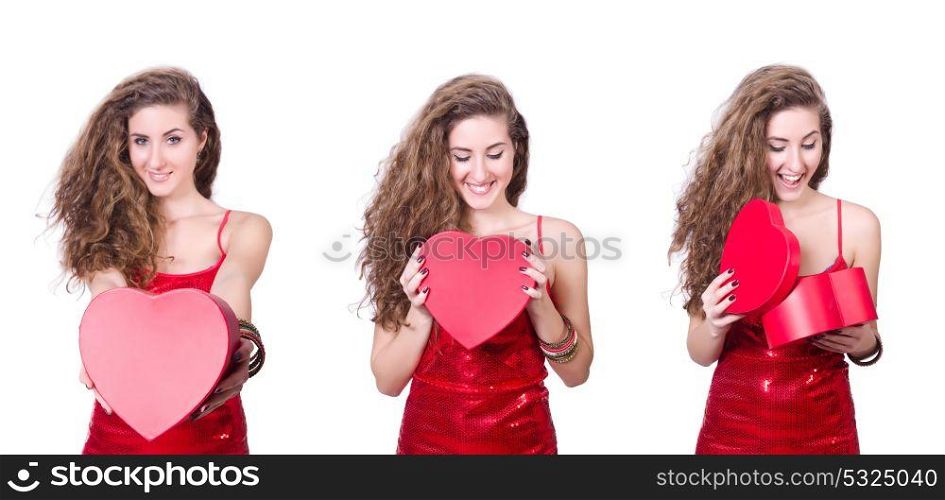 Woman in red dress with christmas gifts