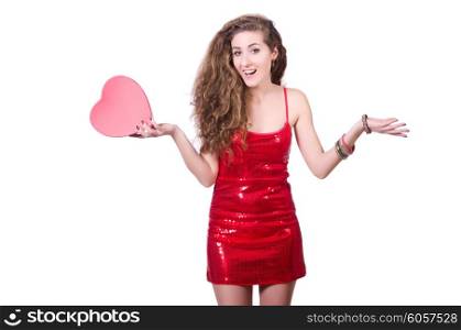 Woman in red dress with christmas gifts