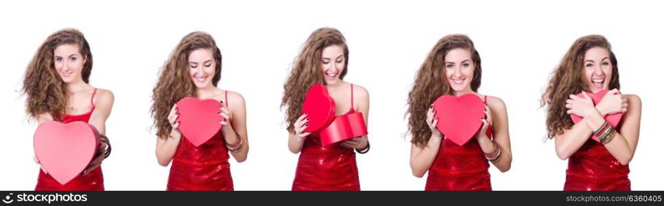 Woman in red dress with christmas gifts