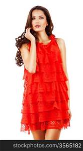 woman in red dress with curly hair on white background