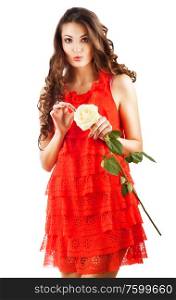 woman in red dress with long curly hair and white rose in hand on white background