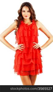 woman in red dress with long curly hair on white background