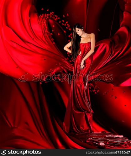 woman in red dress with long hair and hearts on red drapery