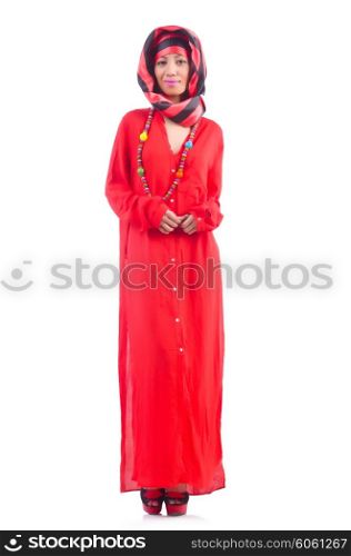Woman in red scaf on white