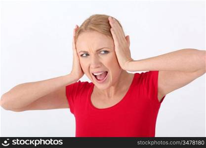 Woman in red shirt screaming