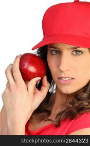 Woman in red with a red apple