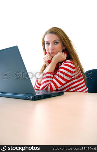 woman in red working on laptop at bright office