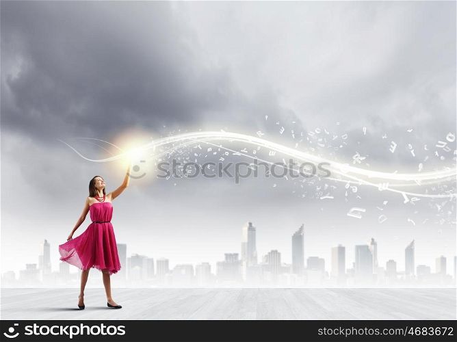 Woman in red. Young woman in red dress against city background