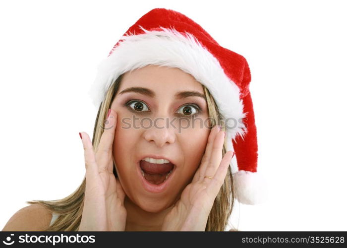 woman in santa hat surprised for Christmas.
