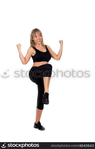 Woman in sportswear exercising isolated on white background