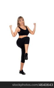 Woman in sportswear exercising isolated on white background