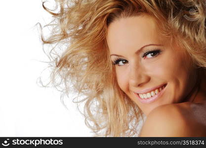 woman in studio close portrait on white