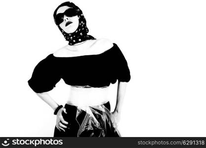 Woman in sun glasses on a white background. retro style