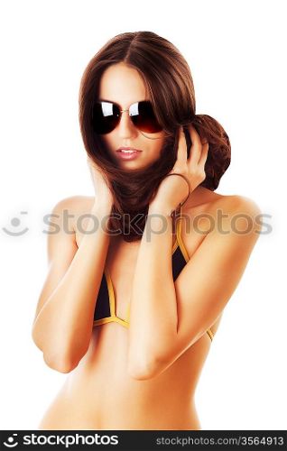 woman in sunglasses and hair around neck on white background