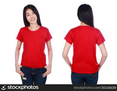 woman in t-shirt isolated on white background. woman in red t-shirt isolated on a white background