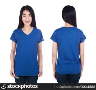 woman in t-shirt isolated on white background. woman in blue t-shirt isolated on a white background