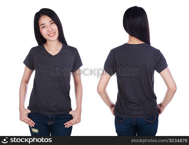 woman in t-shirt isolated on white background. woman in black t-shirt isolated on a white background