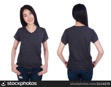 woman in t-shirt isolated on white background. woman in black t-shirt isolated on a white background