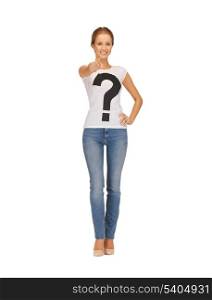 woman in t-shirt with question mark icon pointing at you