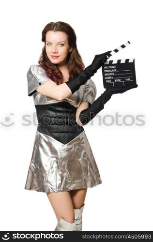Woman in tech concept isolated on white