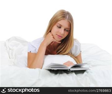 woman in the bed reading a book. Isolated on white background