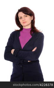 woman in the dark blue cardigan isolated on white background