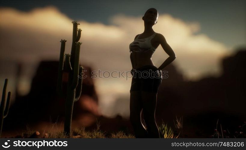 woman in torn shirt standing by cactus in desert at sunset