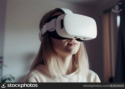 Woman in vr glasses at home. Virtual game. Fictional person. Generate Ai. Woman in vr glasses at home. Generate Ai
