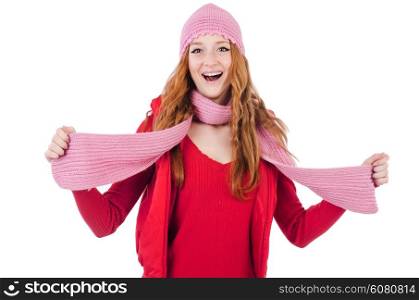 Woman in warm clothing isolated on white