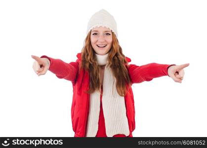 Woman in warm clothing isolated on white