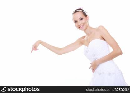 woman in wedding dress bride choosing picking up make a deccision about something. Choice the perfect candidate for husband. Isolated on white
