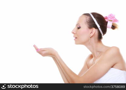 woman in wedding dress showing open hand palm with copy space for product or text. Isolated on white background