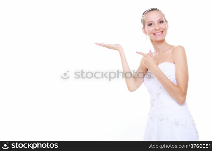 woman in wedding dress showing open hand palm with copy space for product or text. Isolated on white background