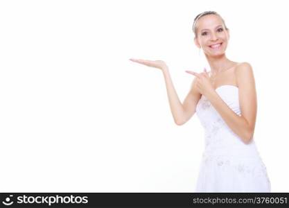 woman in wedding dress showing open hand palm with copy space for product or text. Isolated on white background
