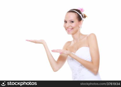 woman in wedding dress showing open hand palm with copy space for product or text. Isolated on white background