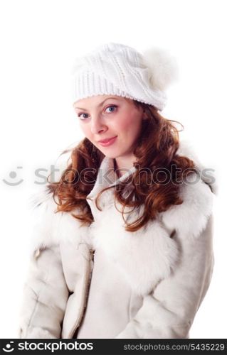 Woman in white cap and coat isolated on white background