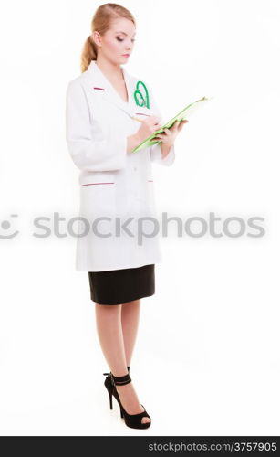 Woman in white lab coat. Female doctor or nurse with stethoscope writing with pen on clipboard. Medical person for health insurance. Isolated on white background